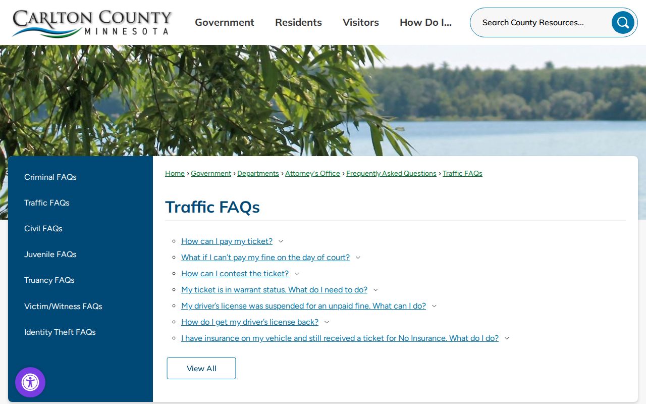 Carlton County traffic warrant FAQ showing the ticket in warrant status instruction