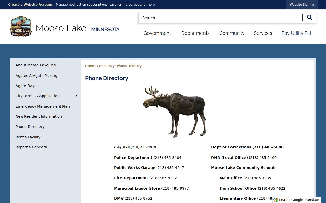 Moose Lake police and city hall contact directory for Moose Lake warrant questions