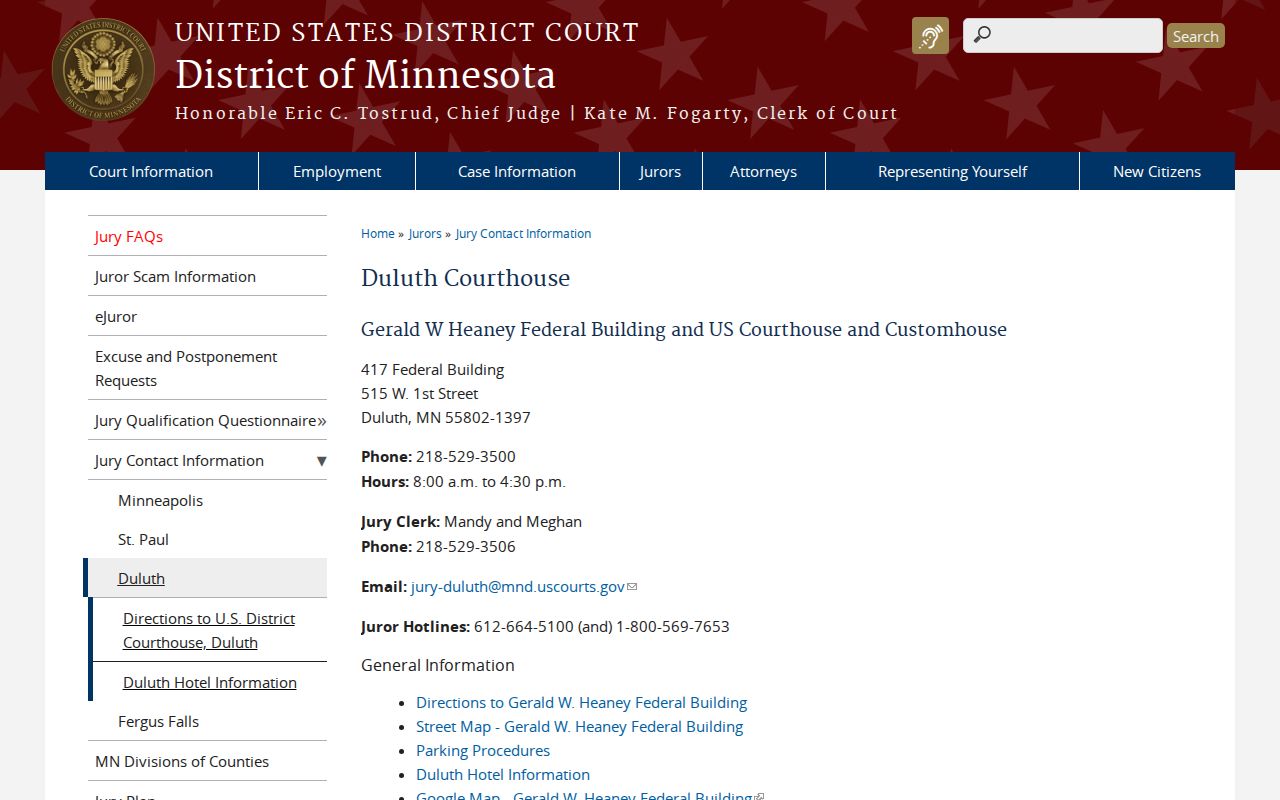 Federal courthouse contact information relevant to Carlton County most wanted records
